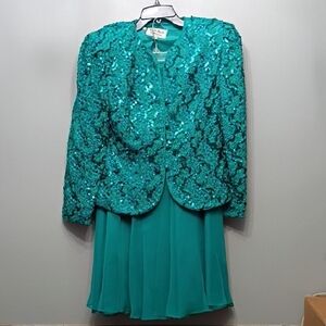 Vintage 80's Nah Nah Collection Teal Sequin Jacket and Chiffon Skirt SZ 10